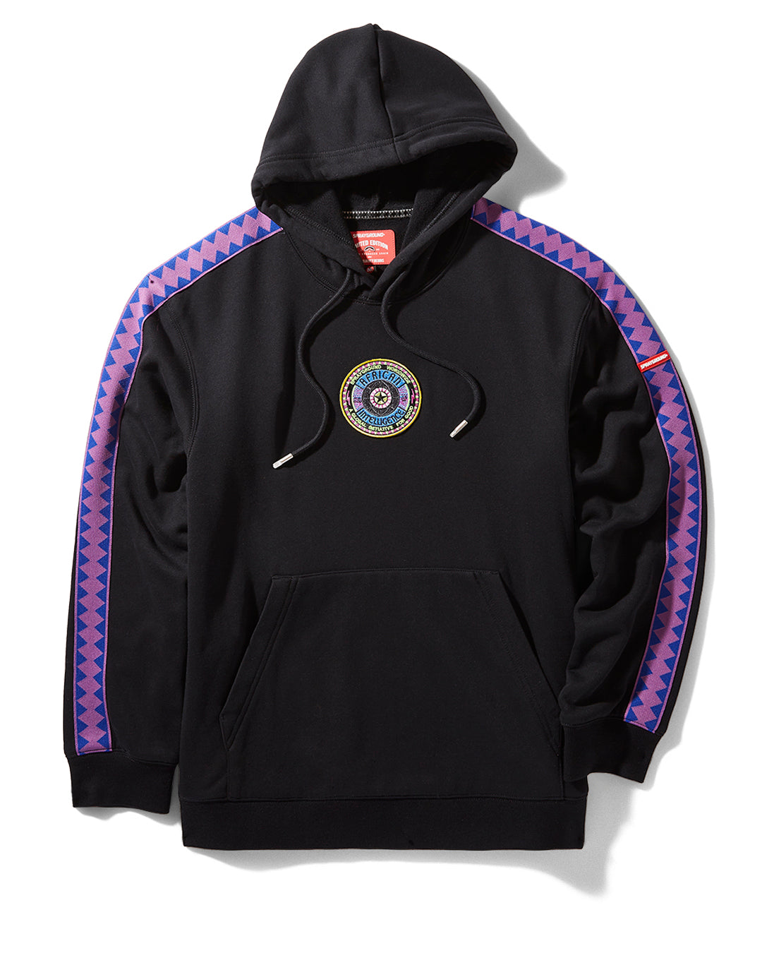Front view of the Sandflower collab hoodie with logo patch