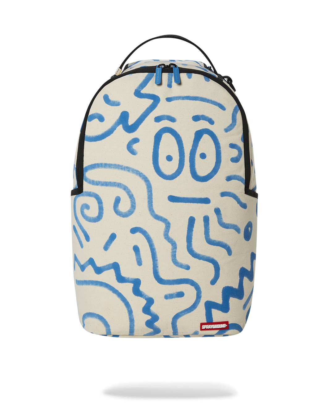 Front view of canvas backpack showcasing vibrant art and leather trim