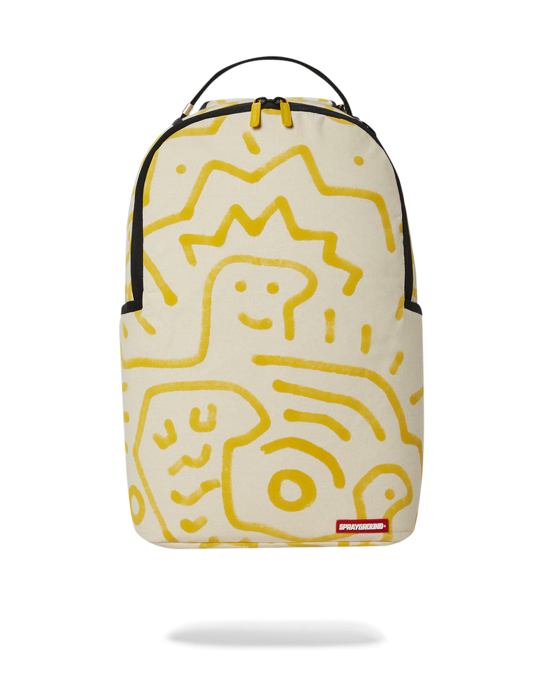 Front view of canvas backpack showcasing vibrant art and leather trim
