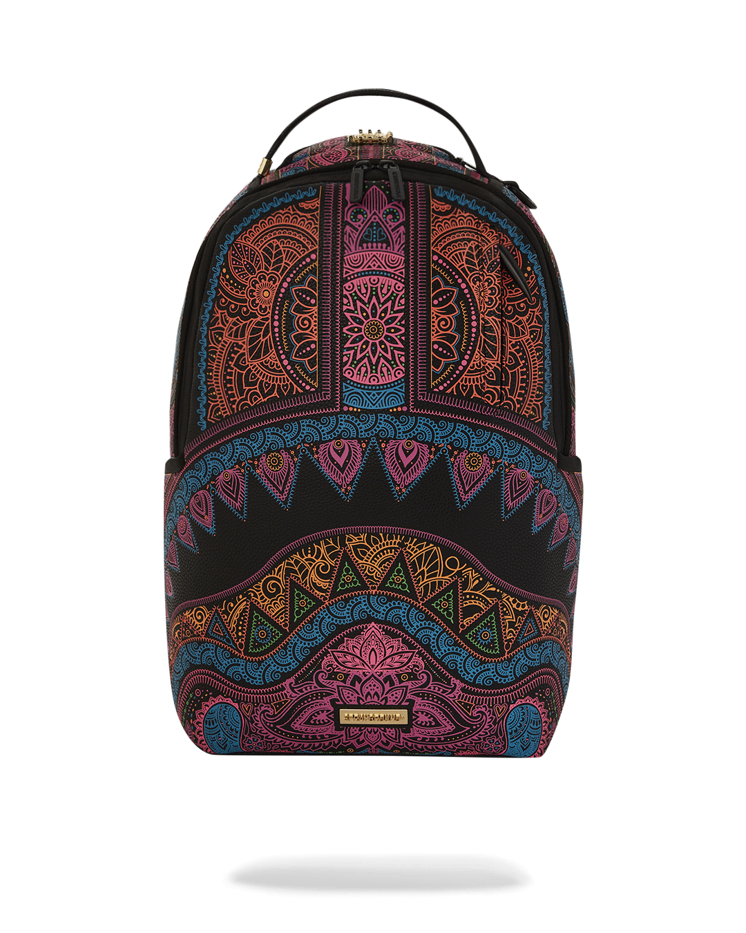 Front view of the Sprayground backpack showing zippered compartments and bold A.I. art design.
