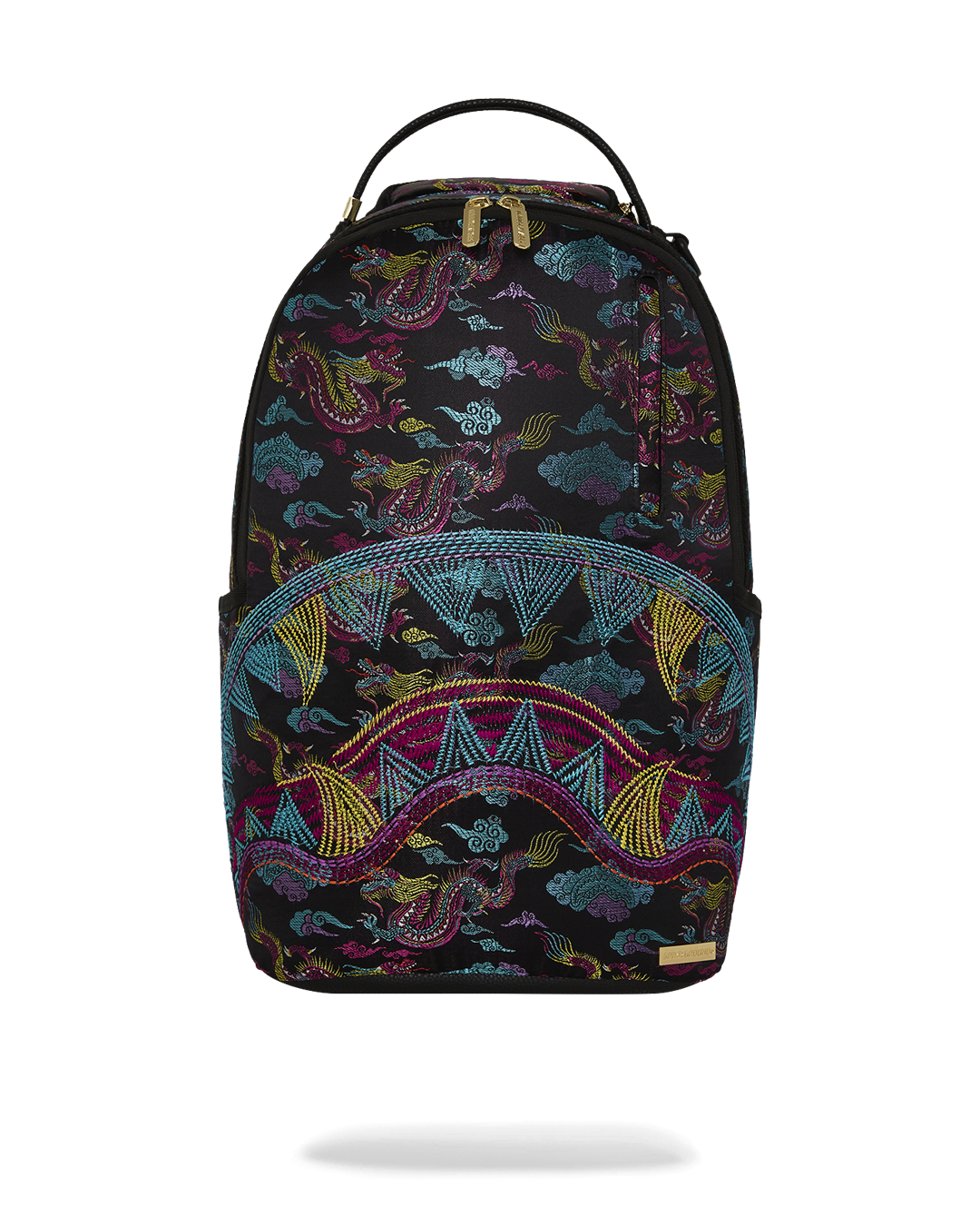 Front view of Embroidered Dragons DLX faux leather backpack showing gold zippers