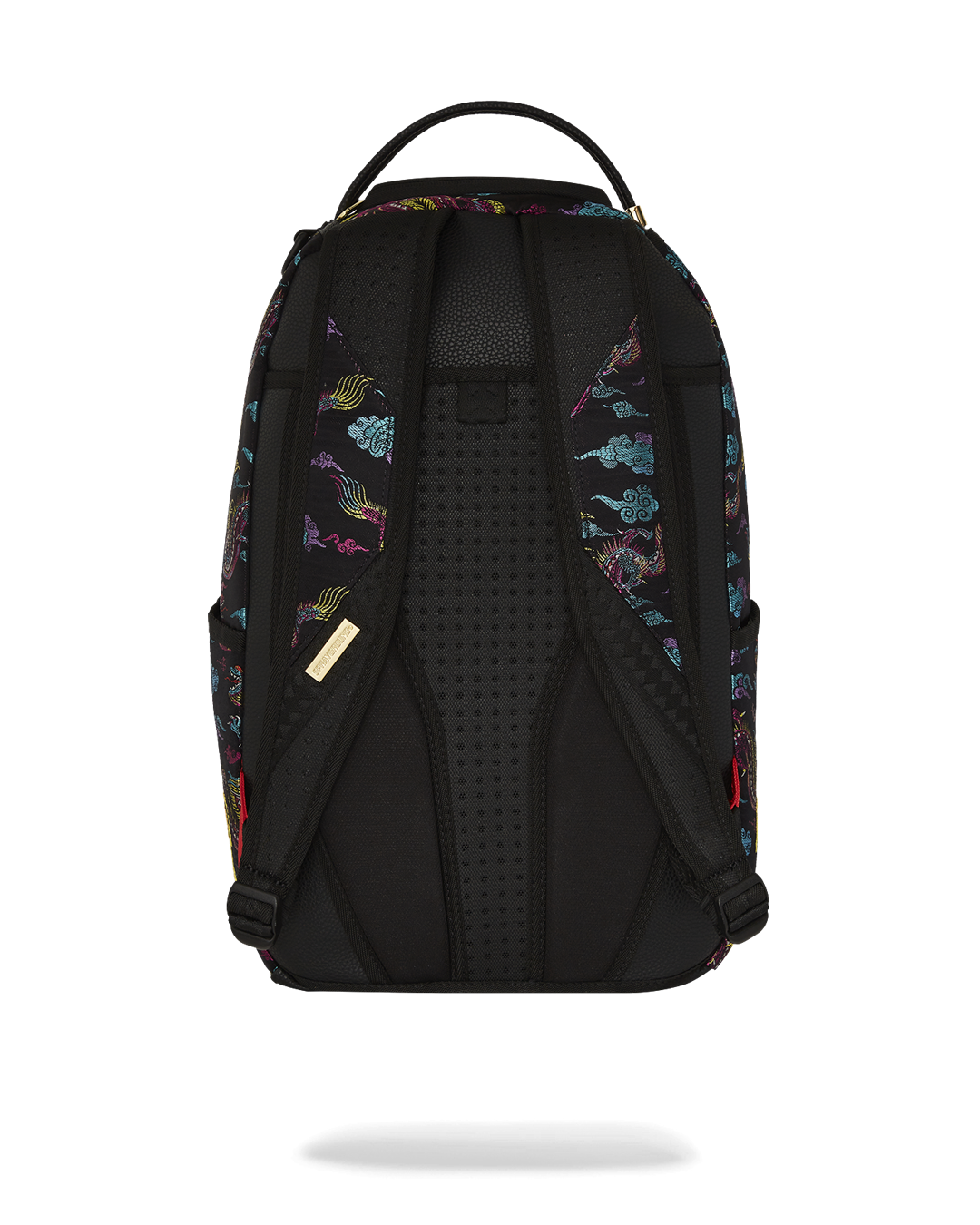 Front view of Embroidered Dragons DLX faux leather backpack showing gold zippers
