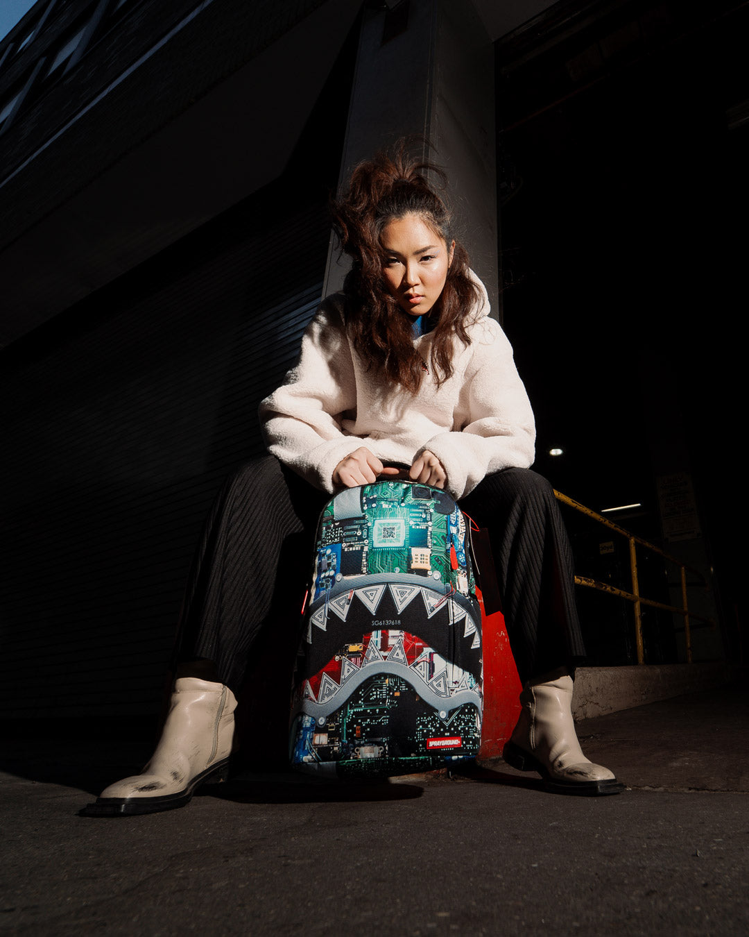 Clear Sprayground backpack with separate velour laptop compartment