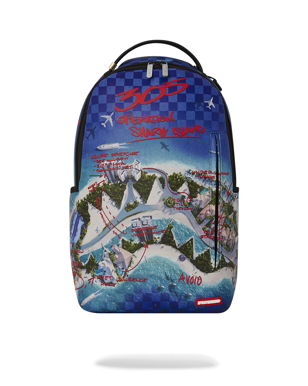 Sprayground Shark Island backpack open, showcasing laptop compartment and interior pockets