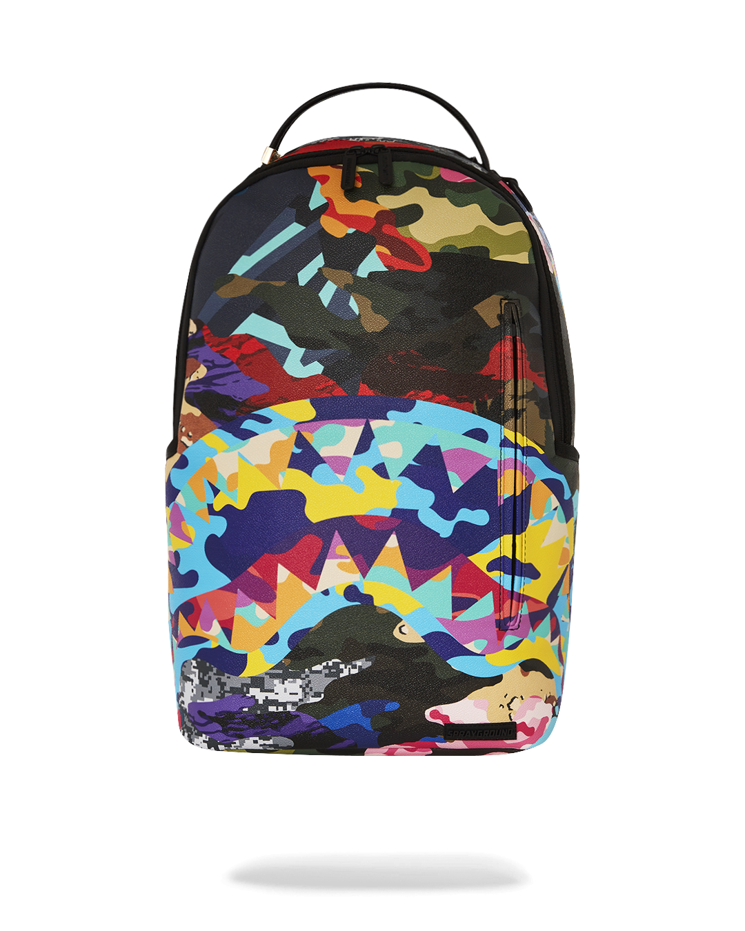 Front view of camo backpack showing zip pockets and gold hardware, suitable for airport travel.