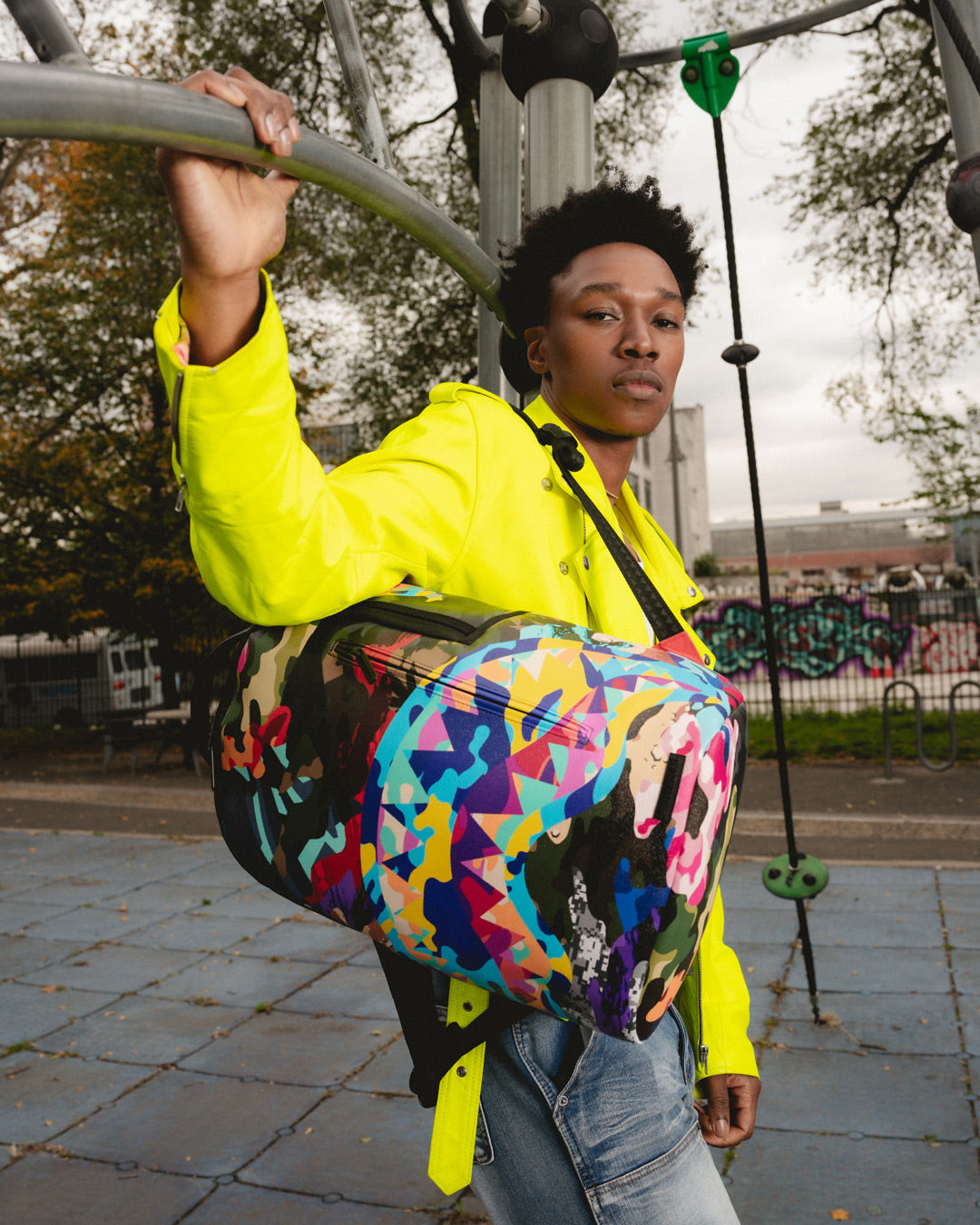 Backpack worn by woman walking through urban setting
