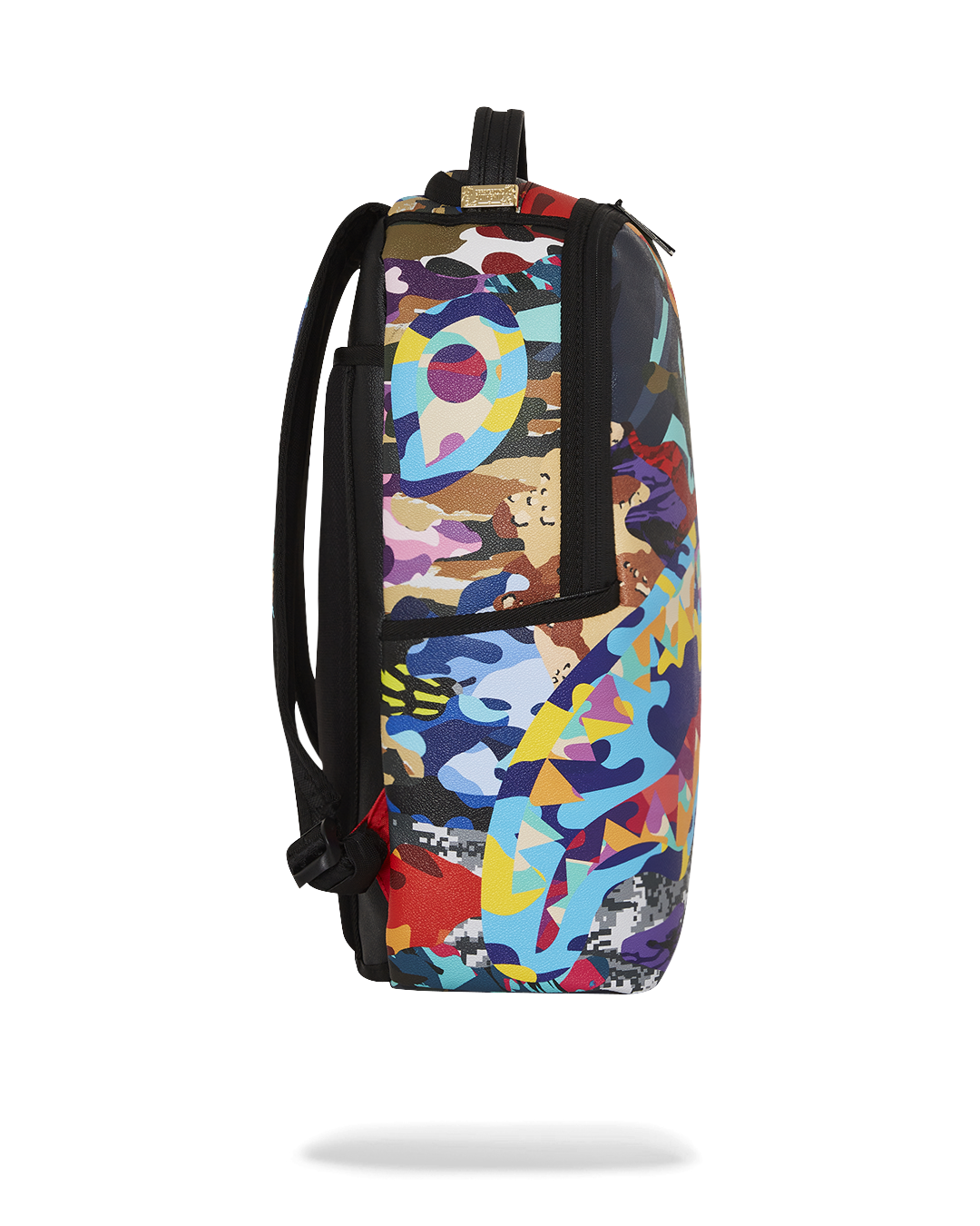 Backpack worn by woman walking through urban setting