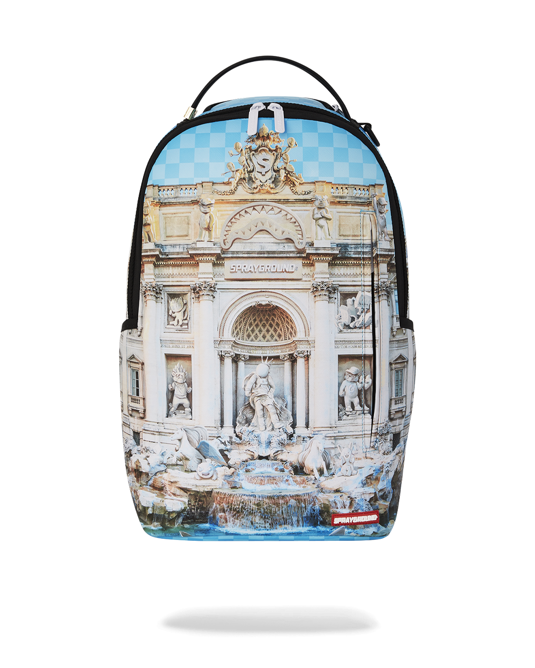 Sprebi luxury backpack in faux leather, open to show interior compartments