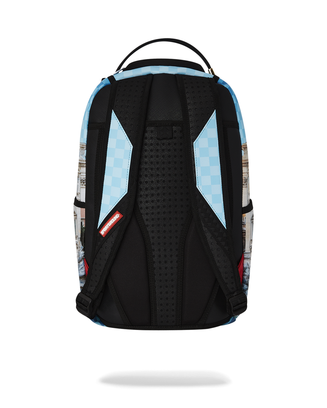 Front view of mens luxury backpack showing gold zippers and compact shape