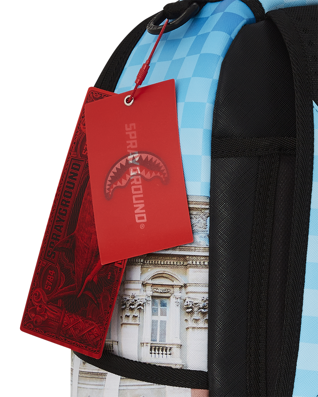 Front view of mens luxury backpack showing gold zippers and compact shape