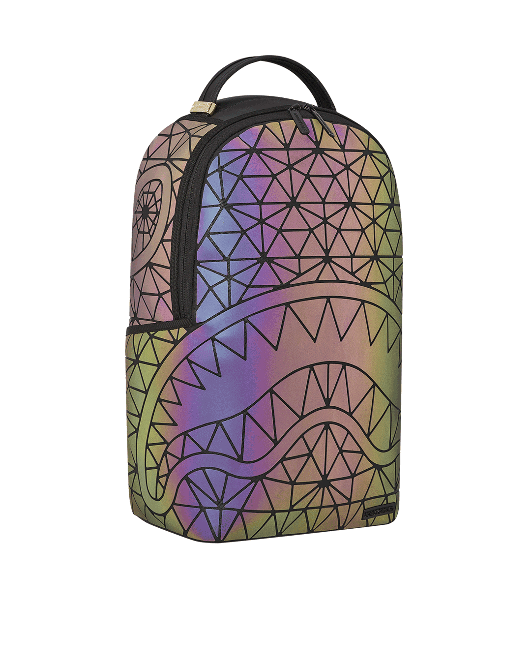 Electroluminescent Shark DLXSV backpack with iridescent geometric fabric and gold zippers