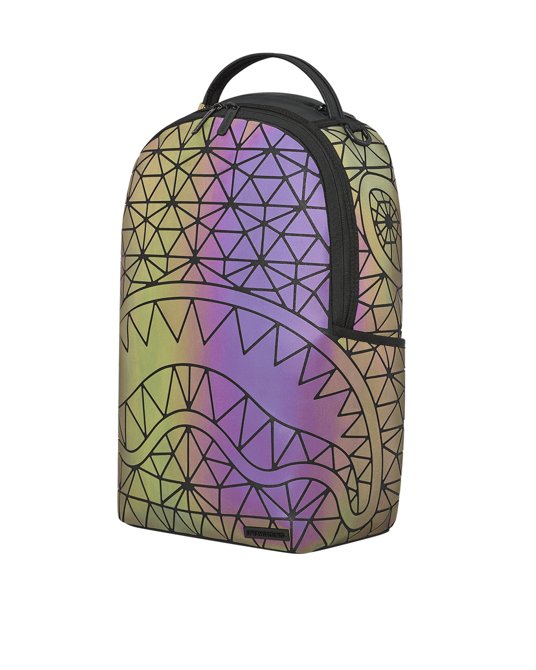 Electroluminescent Shark DLXSV backpack with iridescent geometric fabric and gold zippers
