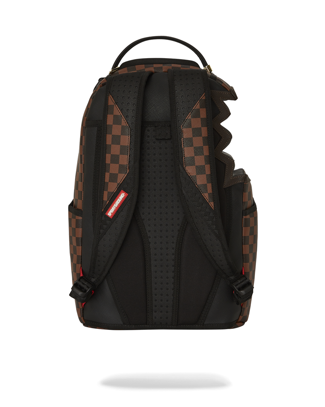 Angled shot of faux leather backpack showing front zipper and designer gold accents