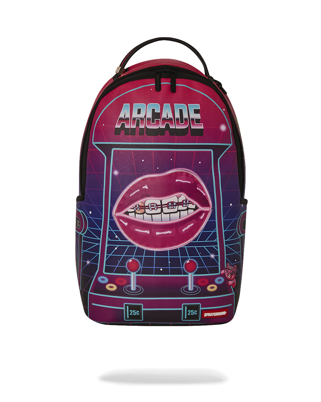 Faux leather exterior of the Grand Prix backpack with gold zippers