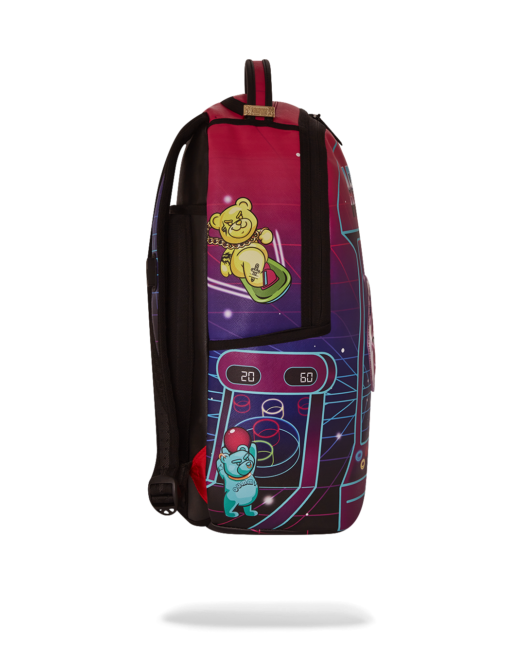 Sprayground Grand Prix backpack in faux leather, showcasing front pockets and gold hardware.