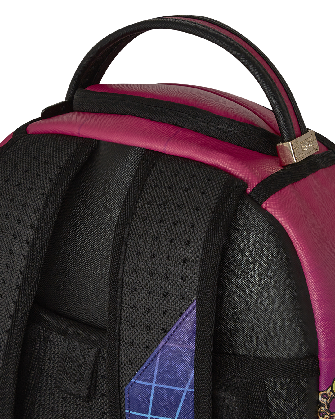 Close-up of the backpack’s ergonomic mesh back padding and adjustable straps.