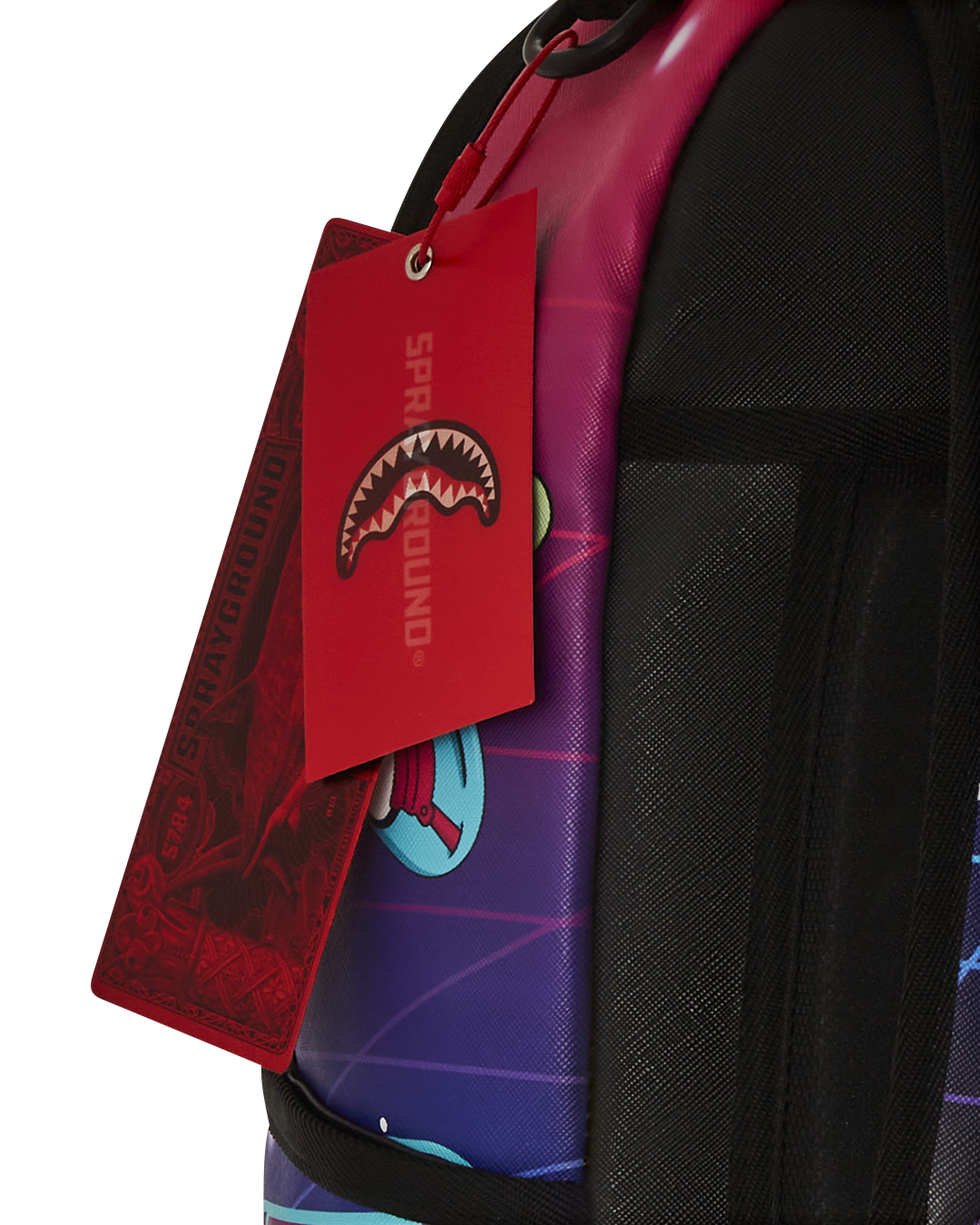 Sprayground Grand Prix backpack in faux leather, showcasing front pockets and gold hardware.