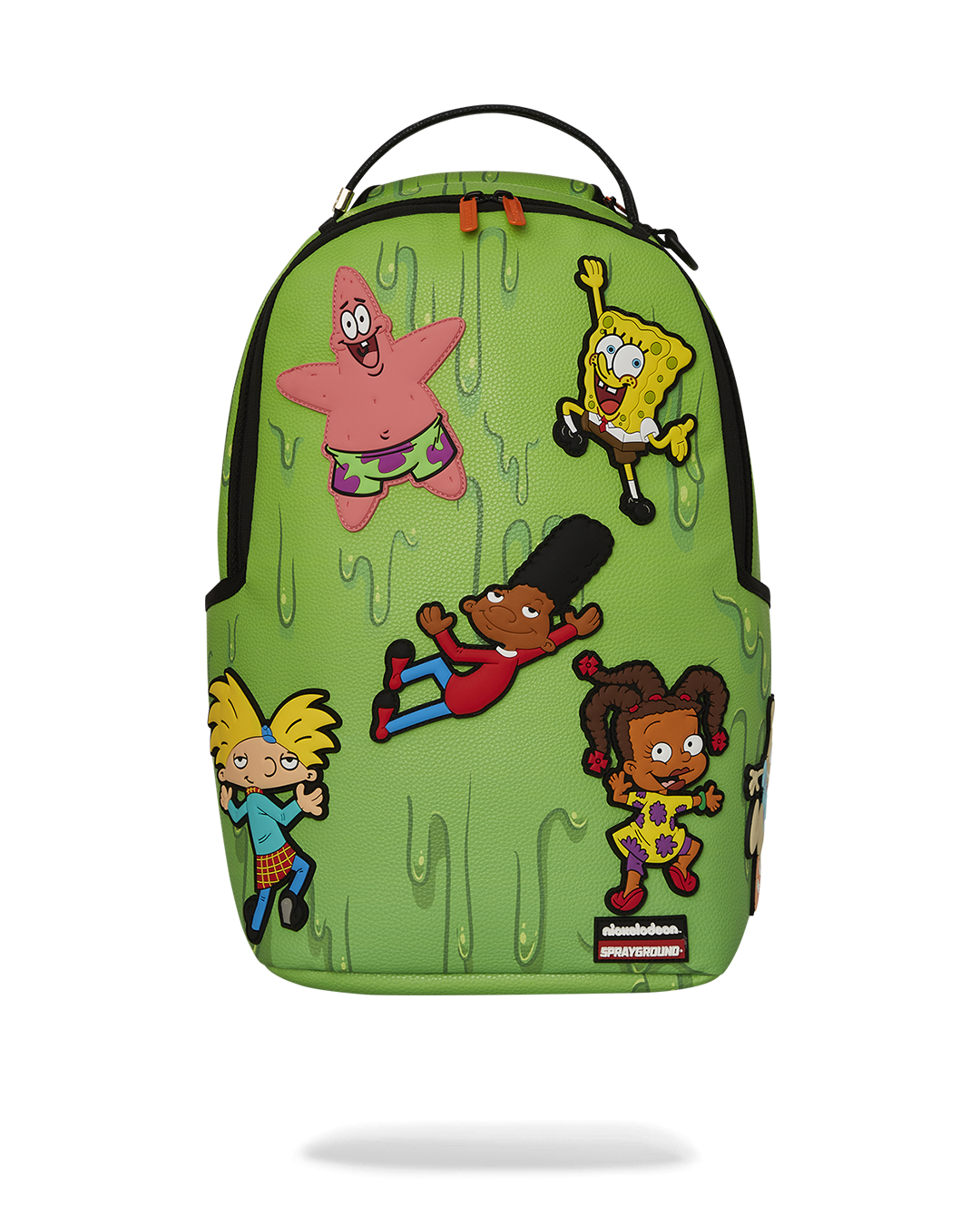 Front view of the pink Sprayground backpack showcasing 3D rubber characters.