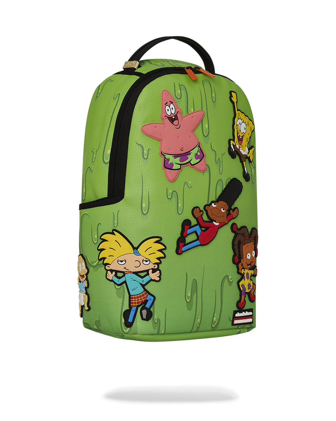 Side angle of the clear Sprayground backpack with functional zipper pockets.