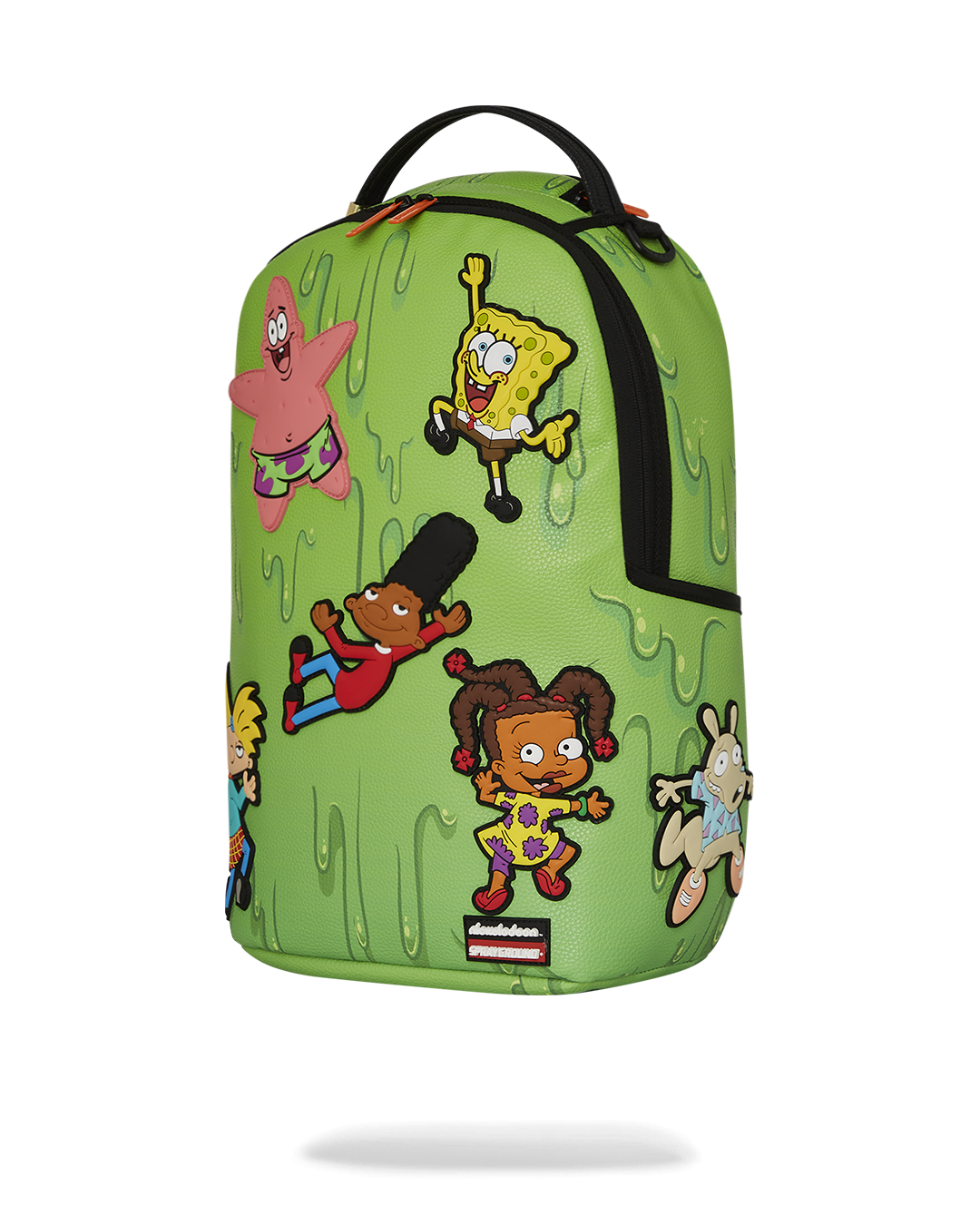 Side angle of the clear Sprayground backpack with functional zipper pockets.