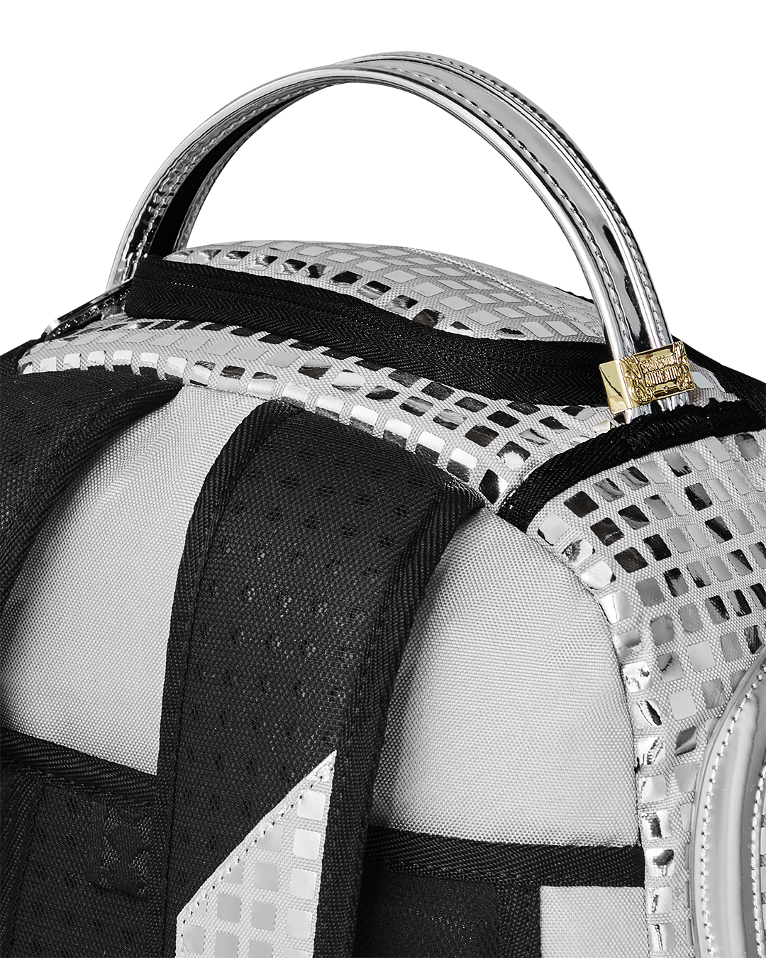 Midnight Luxe faux leather backpack showcasing front and side pockets.