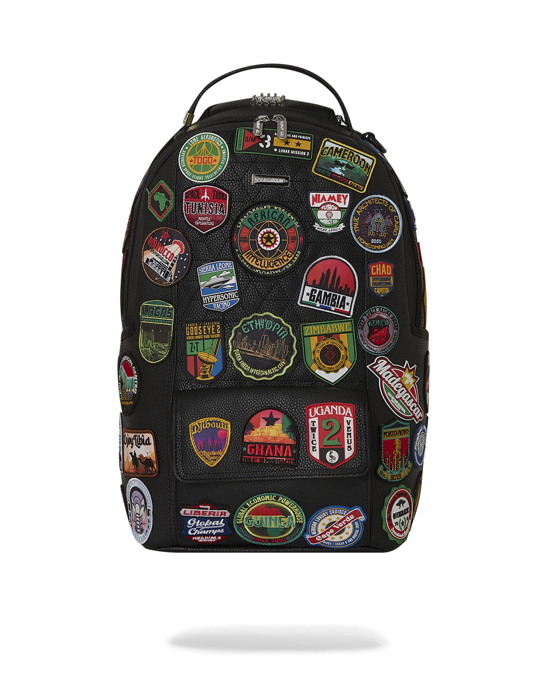 African Patches Backpack worn by a traveler in an urban setting, showcasing side pockets and adjustable straps.