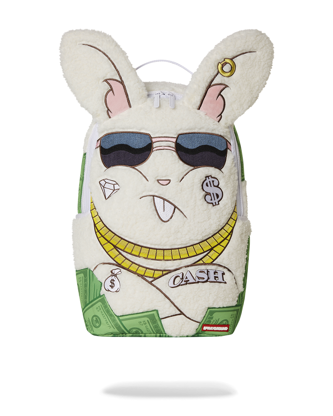 Front view of the Sprayground backpack with Sherpa bunny details and gold zippers