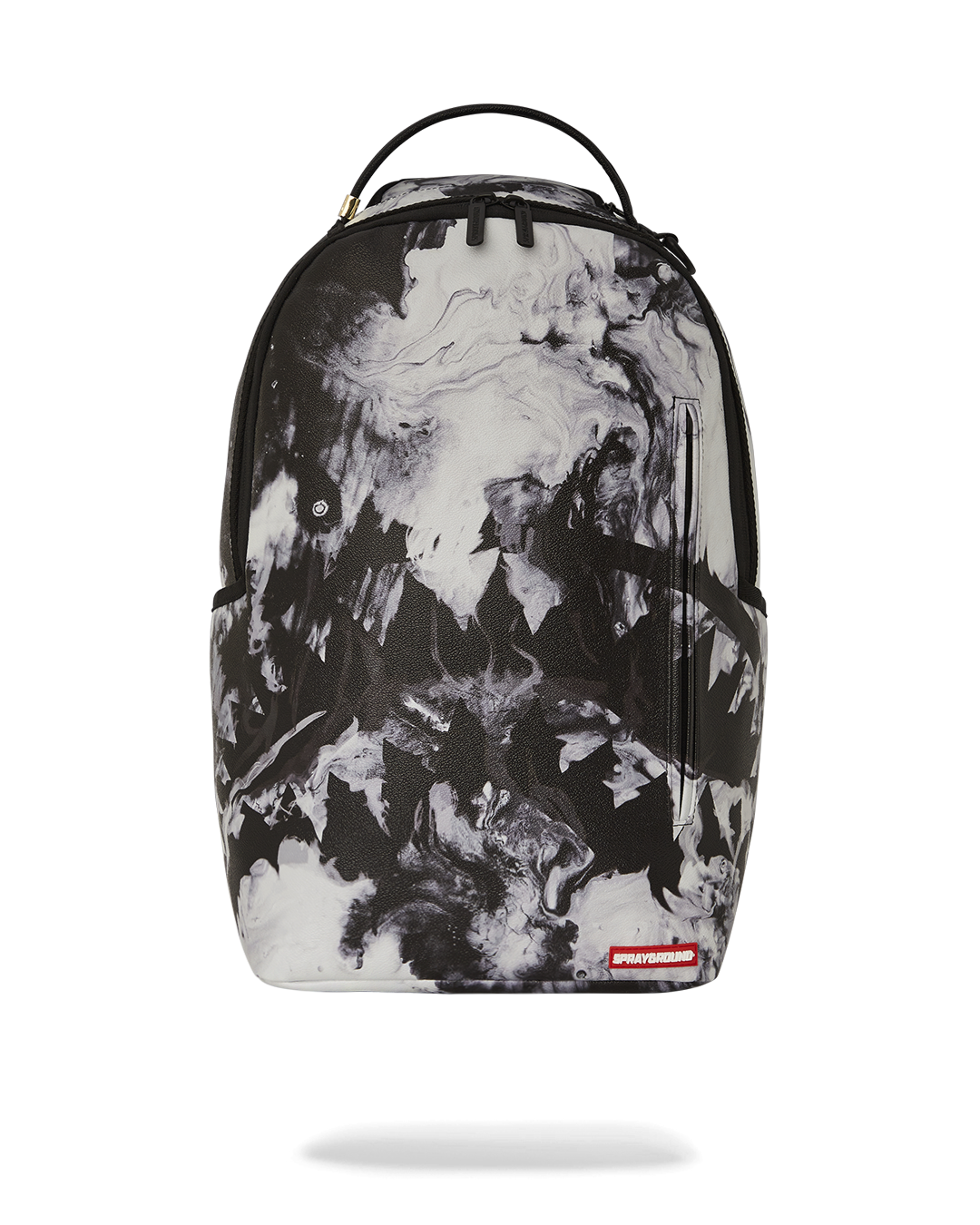 Front view of marble faux leather backpack with gold hardware and ergonomic straps