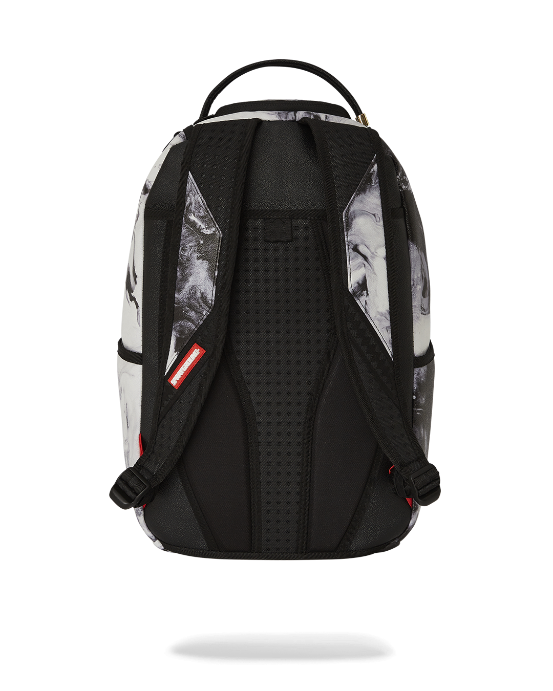 Front view of marble faux leather backpack with gold hardware and ergonomic straps