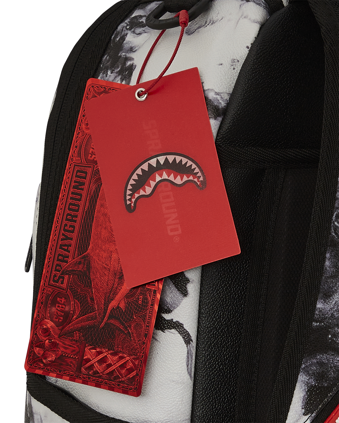 Front view of marble faux leather backpack with gold hardware and ergonomic straps