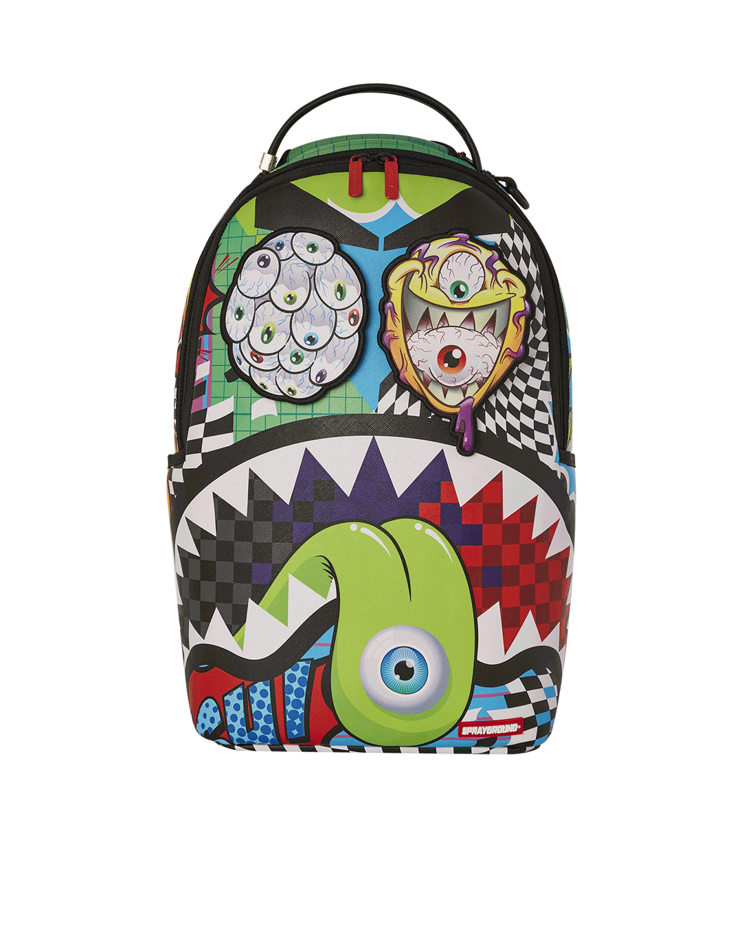 Faux leather backpack with removable eye patches, showcasing its ergonomic design.