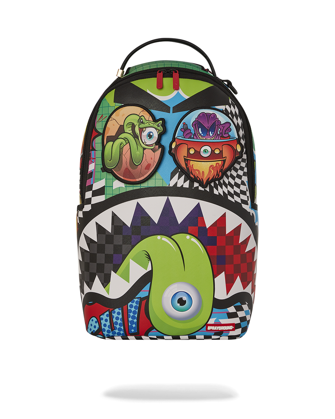 Faux leather backpack with removable eye patches, showcasing its ergonomic design.