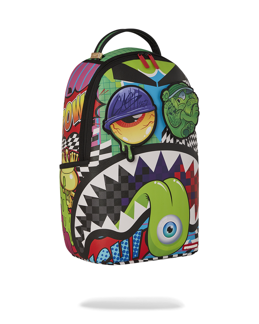 Faux leather backpack with removable eye patches, showcasing its ergonomic design.