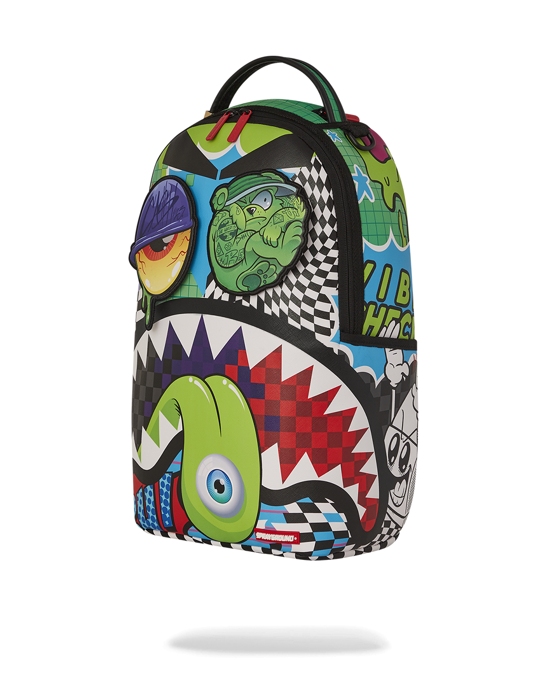 Faux leather backpack with removable eye patches, showcasing its ergonomic design.
