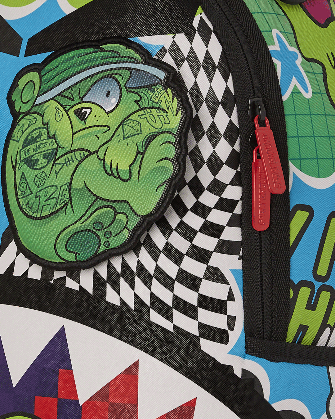 Close-up of the backpacks exterior, highlighting the durable faux leather material.