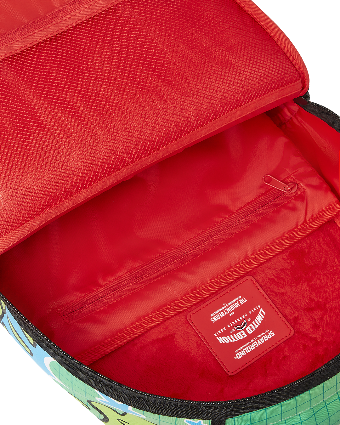 Faux leather backpack with removable eye patches, showcasing its ergonomic design.
