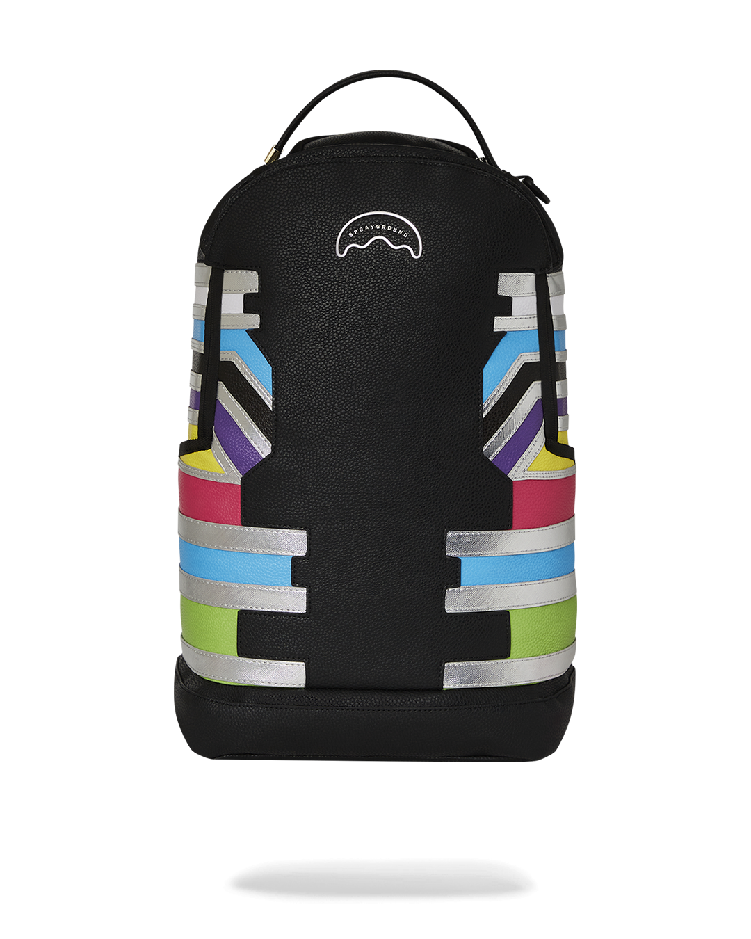 Front view of DLXV faux leather backpack with sharkmouth emblem and gold zippers