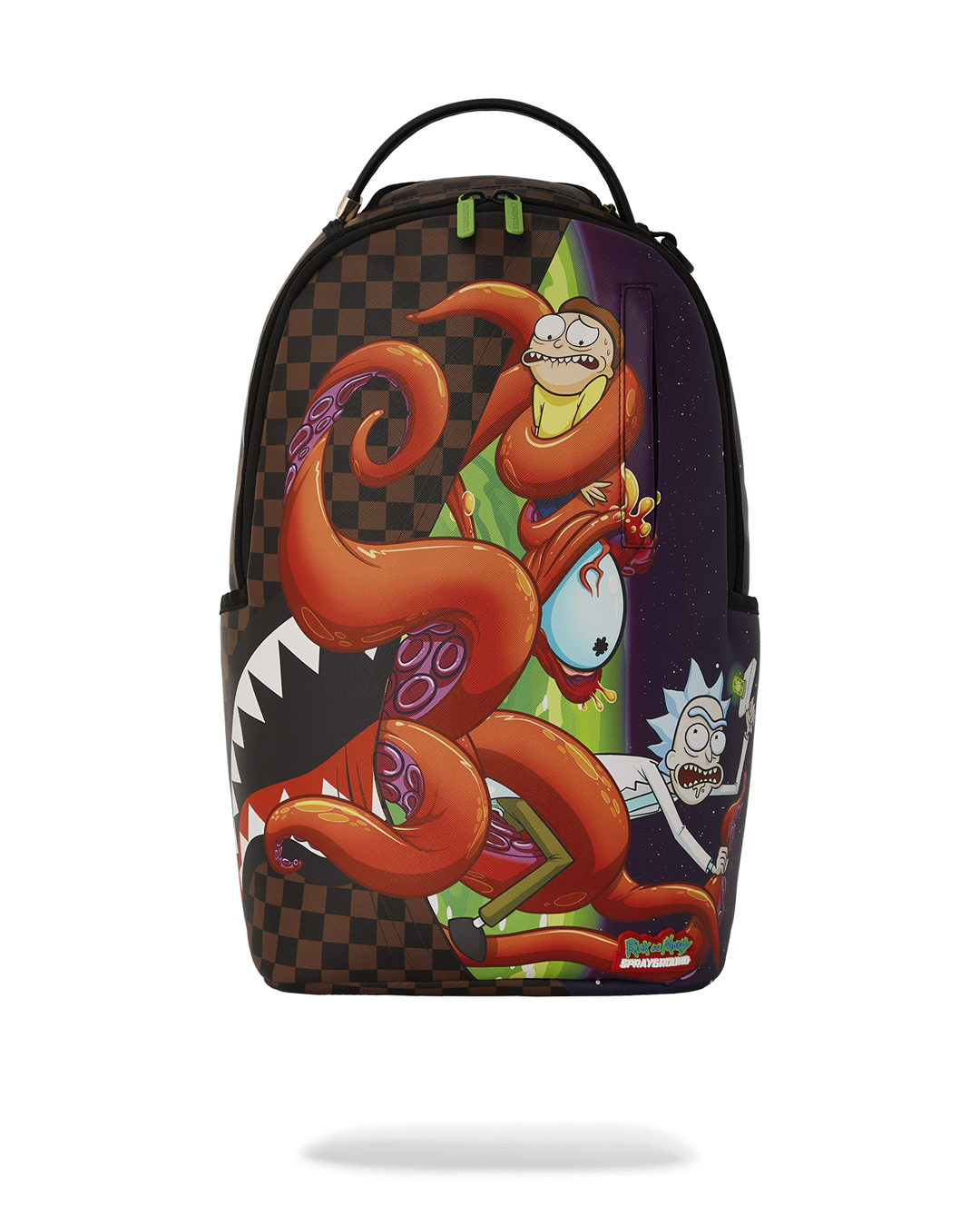 Rick and Morty faux leather backpack standing upright near carry-on luggage