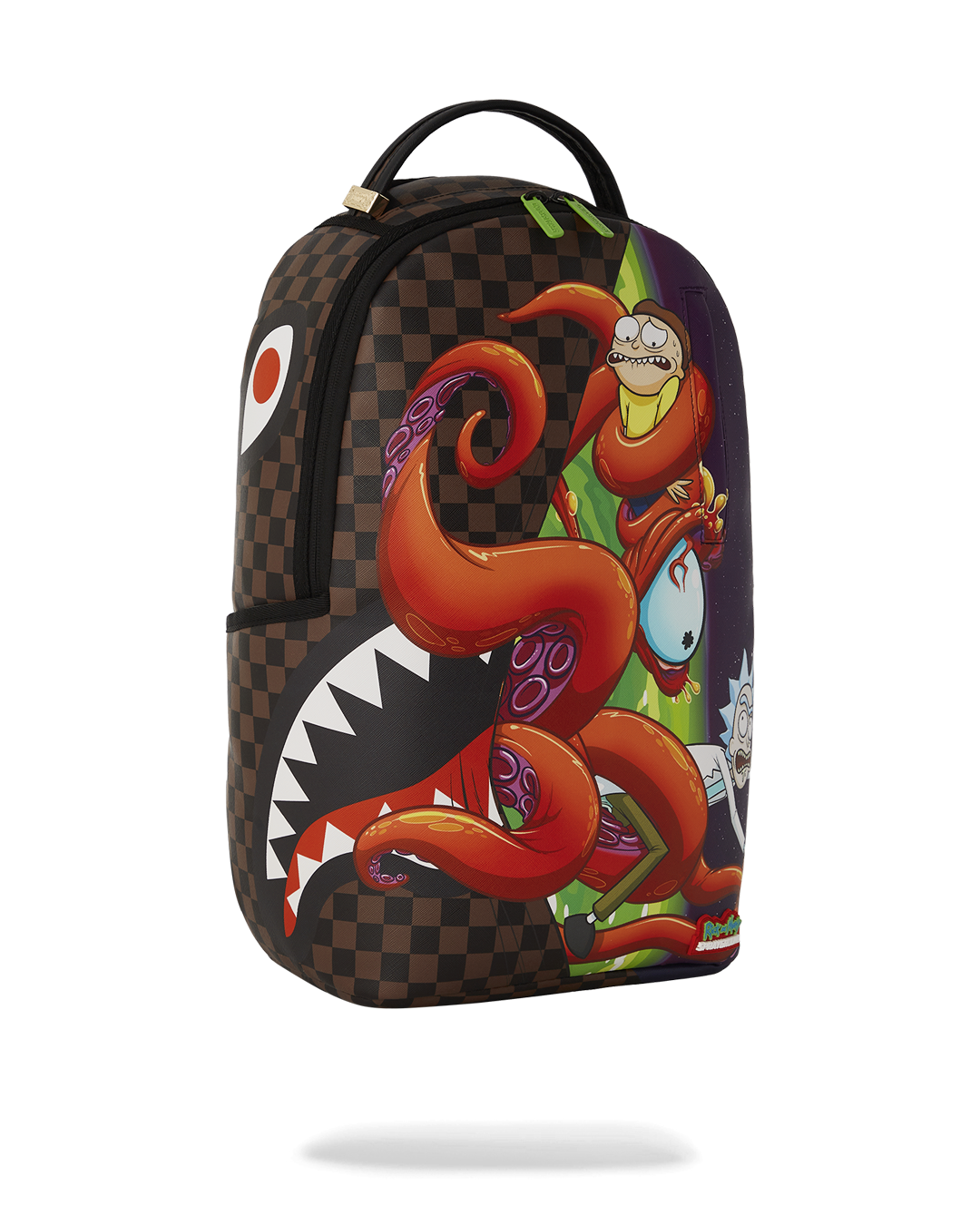 Rick and Morty backpack displayed from back with adjustable mesh straps and gold zipper accents