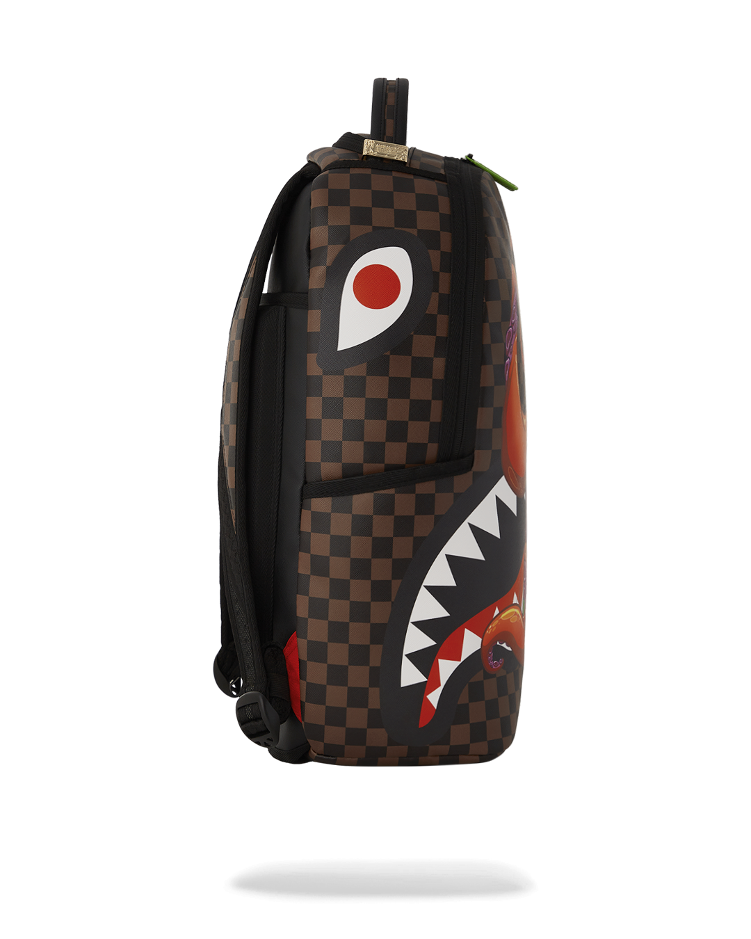 Sprayground backpack Rick and Morty version with open compartments showing laptop and sunglasses