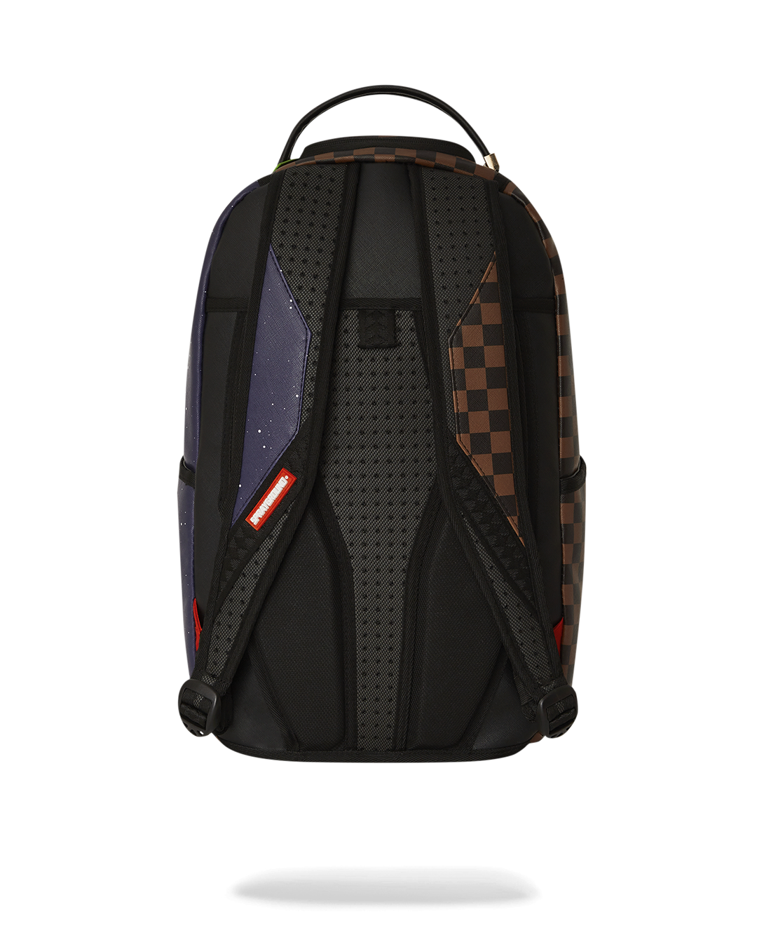 Rick and Morty backpack displayed from back with adjustable mesh straps and gold zipper accents