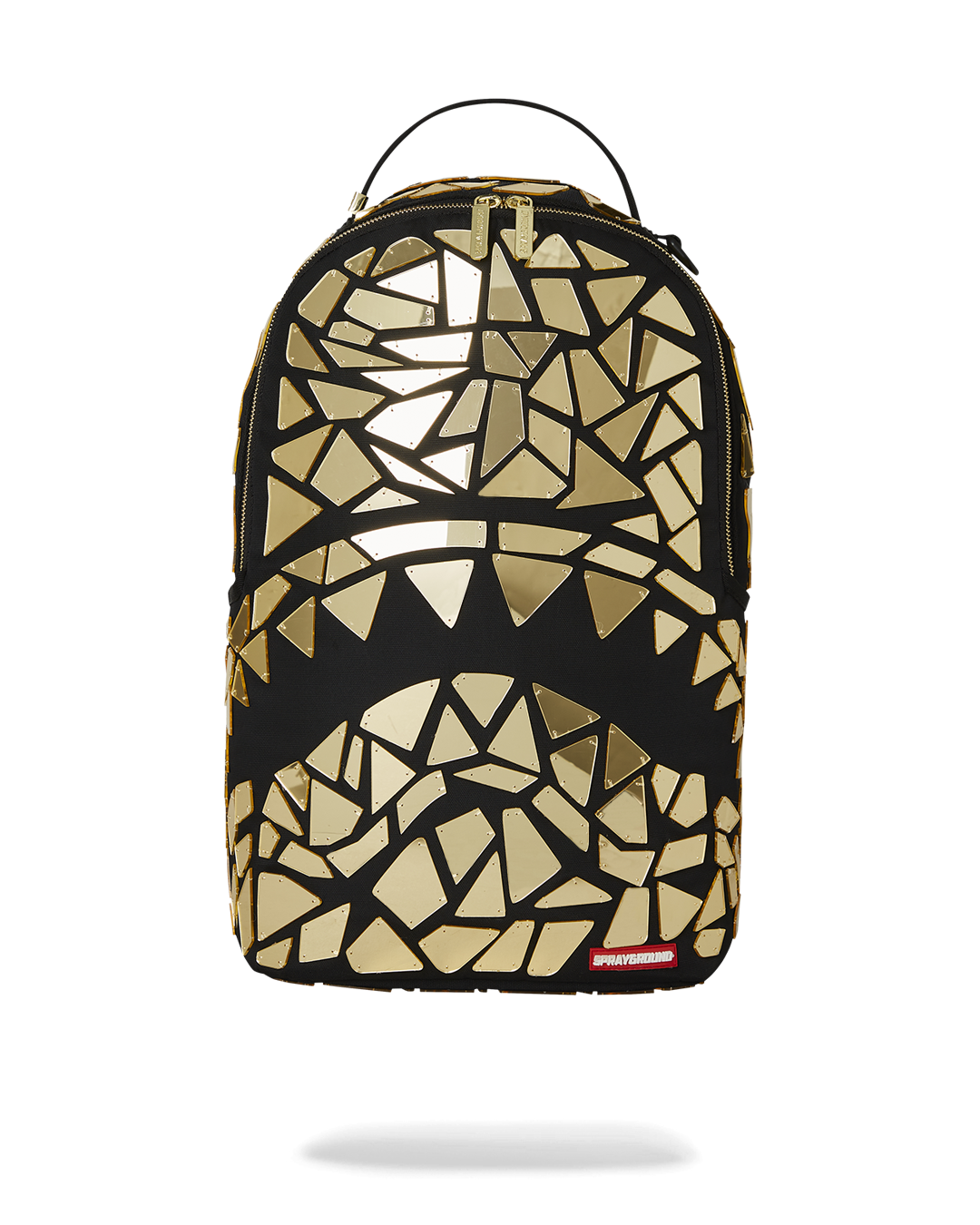 Front view of handmade mirror shark burst backpack highlighting gold acrylic tile detail