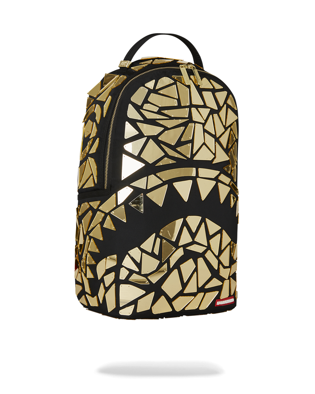 Side angle showing water-resistant faux leather and metal hardware