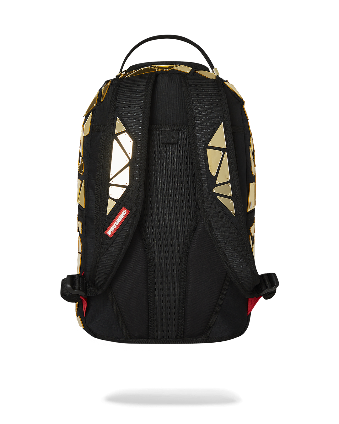 Front view of handmade mirror shark burst backpack highlighting gold acrylic tile detail