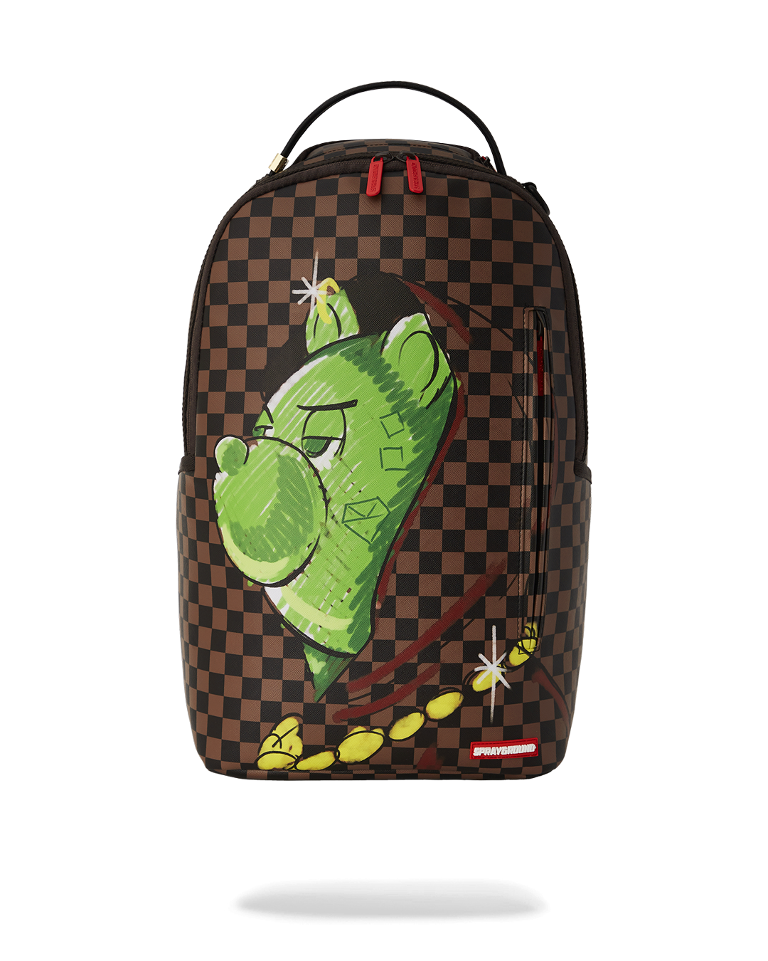 Front view of the faux leather backpack with bold design and gold zipper details