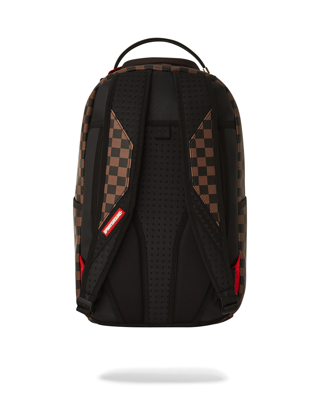 Front view of the faux leather backpack with bold design and gold zipper details