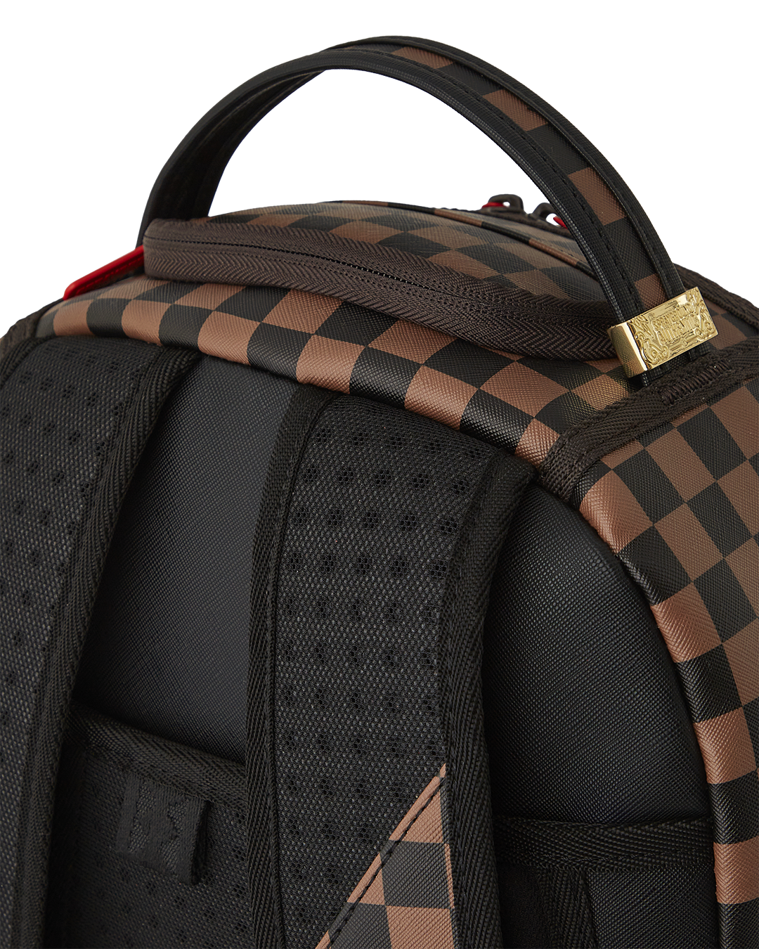 Front view of the faux leather backpack with bold design and gold zipper details
