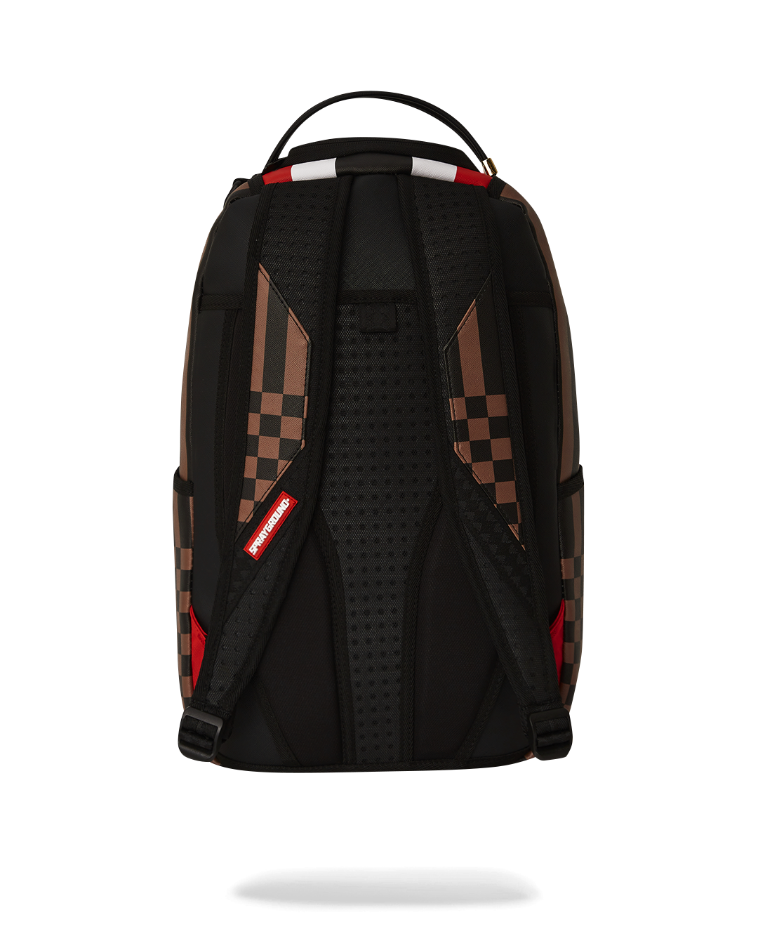 Close-up of Sprayground backpack pink with gold zippers and shark design