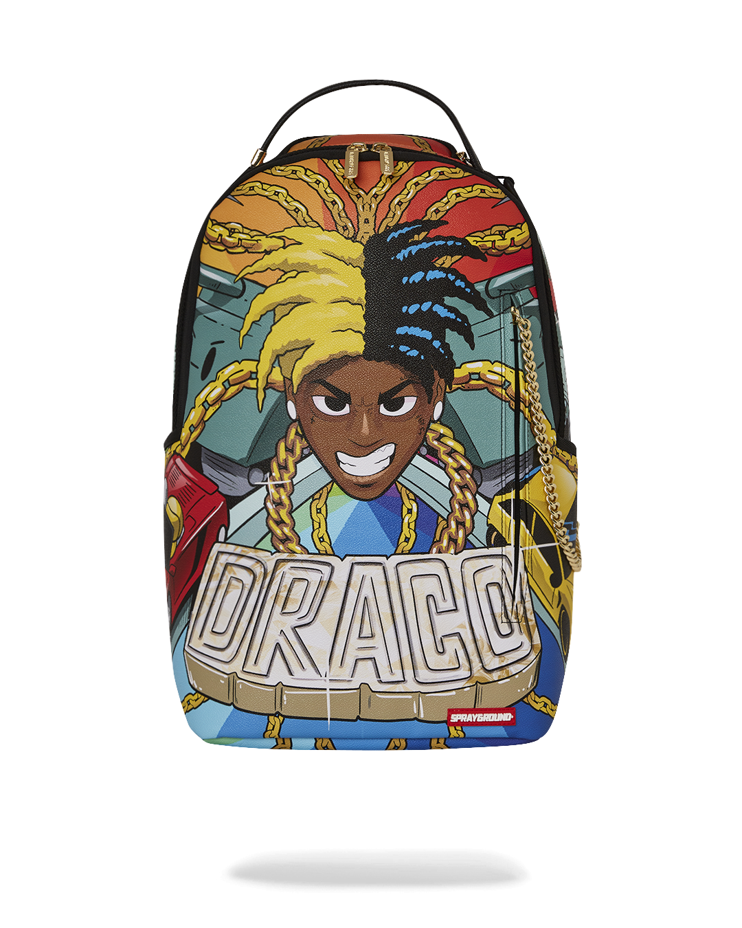 Front view of pink Sprayground backpack showing anime graphics