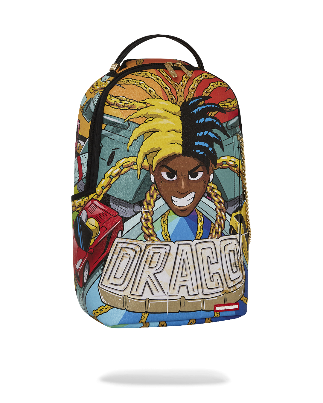 Soulja Drifter connected to carry-on luggage through sleeve